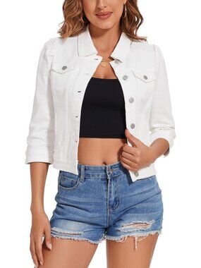 Women's White Jean Jacket Cropped Stretchy 3/4 Sleeve Distressed with Pocket